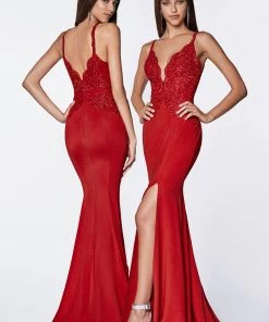 Fitted Lace Bodice Dress With Slit By Cinderella Divine CF319