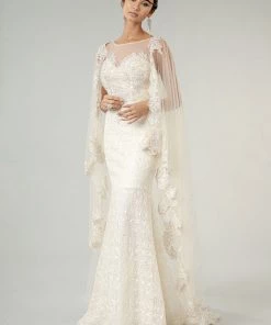 Fitted Lace Cape Wedding Gown By Elizabeth K GL1918
