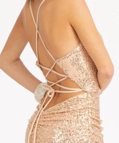 Prom Fitted Lace-Up Sequin Slit Gown By Elizabeth K GL3049