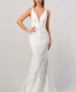Fitted Lace V-Neck Bridal Gown By Cinderella Divine J815W