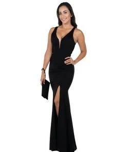 Prom Fitted Long Deep V-Neck Dress By Poly USA 8298 19 Prom Fitted Long Deep V-Neck Dress By Poly USA 8298