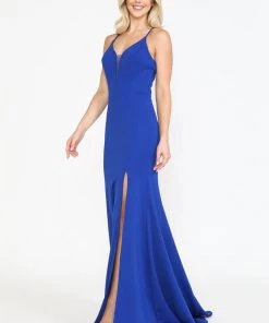 Prom Fitted Long Deep V-Neck Dress With Slit By Poly USA 8360