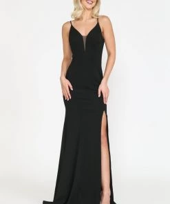 Prom Fitted Long Deep V-Neck Dress With Slit By Poly USA 8360