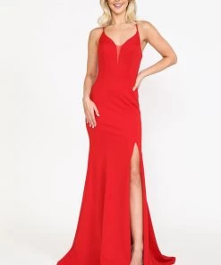 Prom Fitted Long Deep V-Neck Dress With Slit By Poly USA 8360