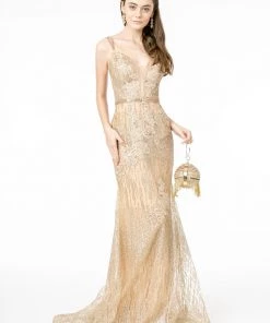 Fitted Long Glitter Print Dress By Elizabeth K GL2889