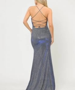 Fitted Long Glitter V-Neck Dress With Corset Back By Poly USA 8668