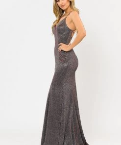 Fitted Long Glitter V-Neck Dress With Corset Back By Poly USA 8668