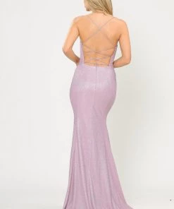 Fitted Long Glitter V-Neck Dress With Corset Back By Poly USA 8668