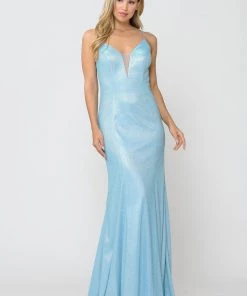 Fitted Long Glitter V-Neck Dress With Corset Back By Poly USA 8668