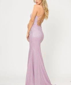 Fitted Long Glitter V-Neck Dress With Corset Back By Poly USA 8668