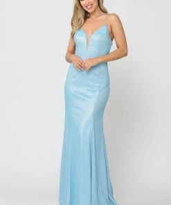 Fitted Long Glitter V-Neck Dress With Corset Back By Poly USA 8668