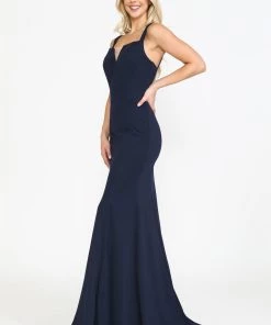 Prom Fitted Long Jersey V-Neck Dress By Poly USA 8392