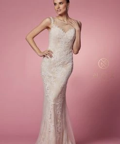 Fitted Long Lace Applique Sleeveless Dress By Nox Anabel E1006