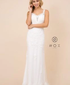 Fitted Long Lace Applique V-Neck Dress By Nox Anabel W907 Prom