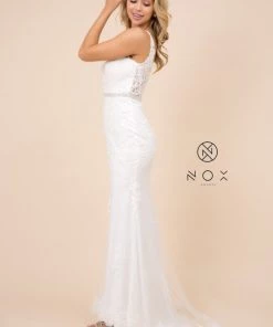 Fitted Long Lace Applique V-Neck Dress By Nox Anabel W907 Prom