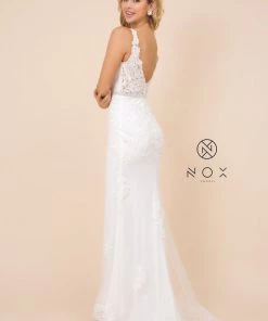 Fitted Long Lace Applique V-Neck Dress By Nox Anabel W907 Prom