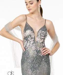 Fitted Long Metallic Glitter Ombre Dress By Elizabeth K GL2929
