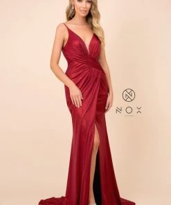 Fitted Long Metallic Spandex V-Neck Dress By Nox Anabel E365 Prom