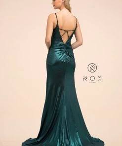 Fitted Long Metallic Spandex V-Neck Dress By Nox Anabel E365 Prom