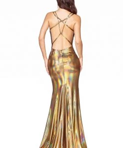 Fitted Long Metallic V-Neck Dress By Cinderella Divine CR847