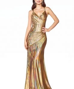 Fitted Long Metallic V-Neck Dress By Cinderella Divine CR847