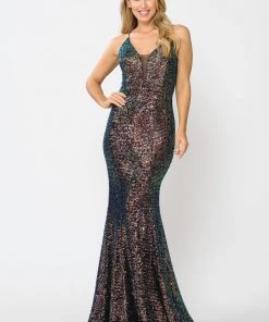 Fitted Long Multi Color Sequin V-Neck Dress By Poly USA 8650 Prom