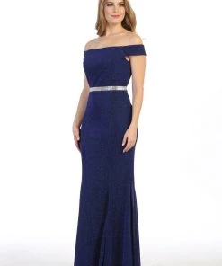 Prom Fitted Long Off Shoulder Metallic Glitter Dress By Celavie 6481