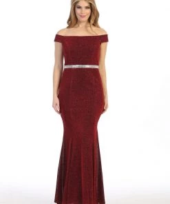 Prom Fitted Long Off Shoulder Metallic Glitter Dress By Celavie 6481