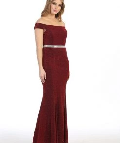 Prom Fitted Long Off Shoulder Metallic Glitter Dress By Celavie 6481