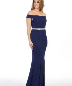 Prom Fitted Long Off Shoulder Metallic Glitter Dress By Celavie 6481