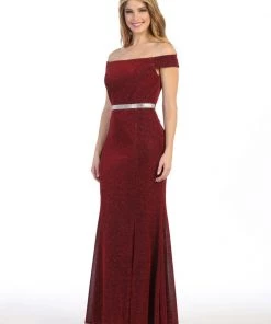 Prom Fitted Long Off Shoulder Metallic Glitter Dress By Celavie 6481