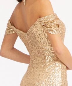 Fitted Long Off Shoulder Sequin Dress By Elizabeth K GL3064 Prom