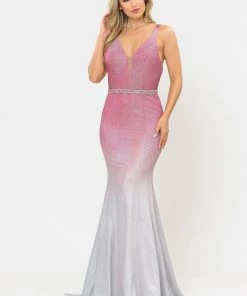Fitted Long Ombre Glitter V-Neck Dress By Poly USA 8334