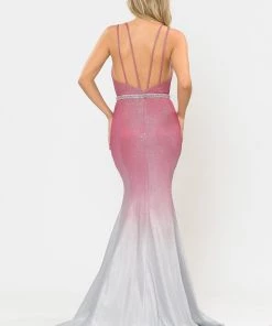 Fitted Long Ombre Glitter V-Neck Dress By Poly USA 8334