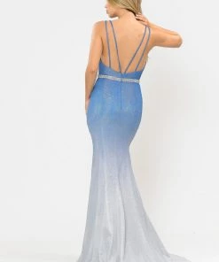 Fitted Long Ombre Glitter V-Neck Dress By Poly USA 8334