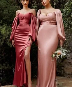 Fitted Long Sleeve Satin Gown By Cinderella Divine 7482