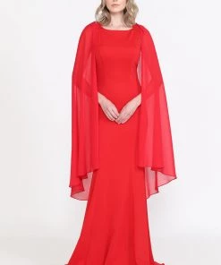 Poly USA Prom Fitted Long Sleeveless Cape Dress 8566