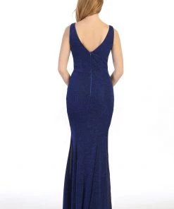 Fitted Long Sleeveless Metallic V-Neck Dress By Celavie 6483L