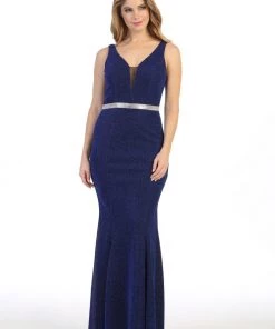 Fitted Long Sleeveless Metallic V-Neck Dress By Celavie 6483L