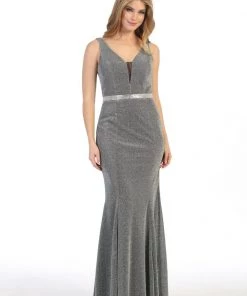 Fitted Long Sleeveless Metallic V-Neck Dress By Celavie 6483L