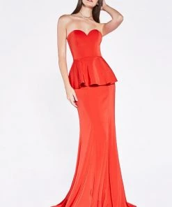 Fitted Long Strapless Peplum Dress By Cinderella Divine P102