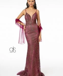 Fitted Long Sweetheart Glitter Print Dress By Elizabeth K GL2989