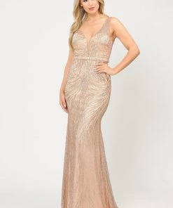 Prom Fitted Long V-Neck Glitter Mesh Dress By Poly USA 8424
