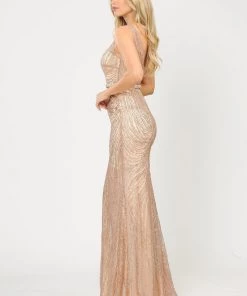 Prom Fitted Long V-Neck Glitter Mesh Dress By Poly USA 8424