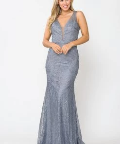 Prom Fitted Long V-Neck Glitter Mesh Dress By Poly USA 8424