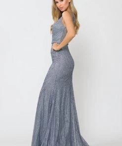 Prom Fitted Long V-Neck Glitter Mesh Dress By Poly USA 8424