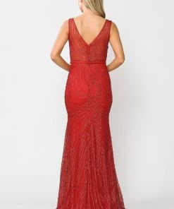 Prom Fitted Long V-Neck Glitter Mesh Dress By Poly USA 8424