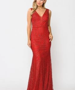 Prom Fitted Long V-Neck Glitter Mesh Dress By Poly USA 8424
