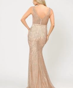 Prom Fitted Long V-Neck Glitter Mesh Dress By Poly USA 8424