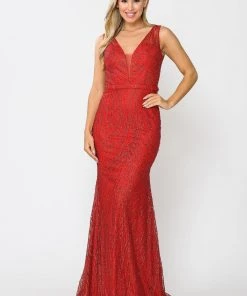 Prom Fitted Long V-Neck Glitter Mesh Dress By Poly USA 8424